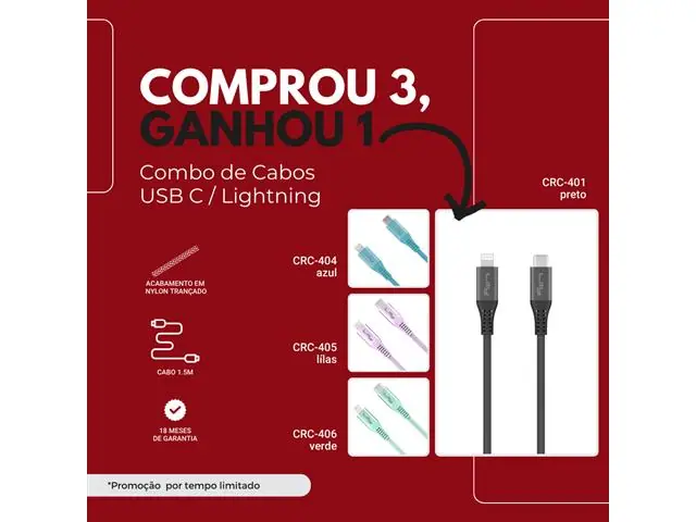 Comprou 3, Ganhou 1 Cabo USB C para Lightning Lity (CRC-400)