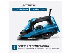 Ferro de Passar à Vapor Mondial F-53 Preto e Azul 1200W 220V - 2