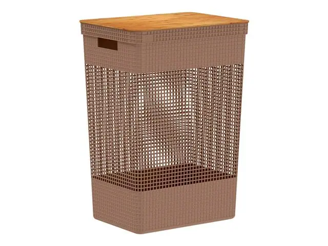 Cesto De Roupas Grid Tampa Bambu 49L Marrom Amendoa Fechado