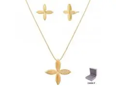 Conjunto flor Morana zircônias dourado 40cm + 5cm